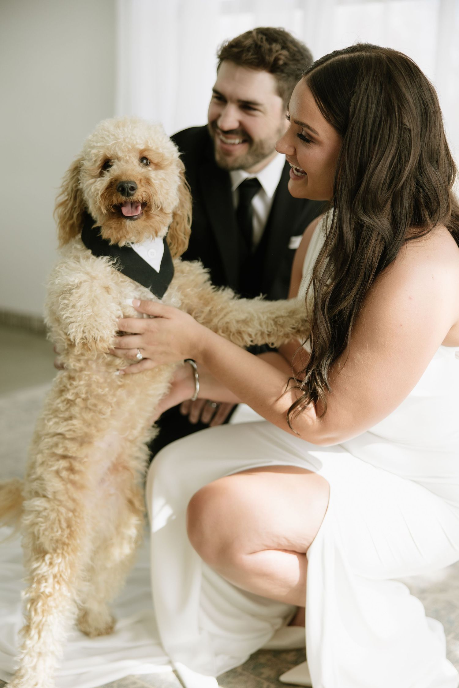 A joyful couple and their adorable goldendoodle dog dressed in a bow tie celebrate their wedding day together.