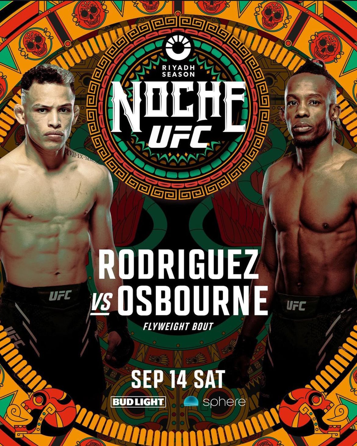 UFC promotional poster featuring a Mexico-themed design for Rodriguez vs Osbourne flyweight bout scheduled for September 14.