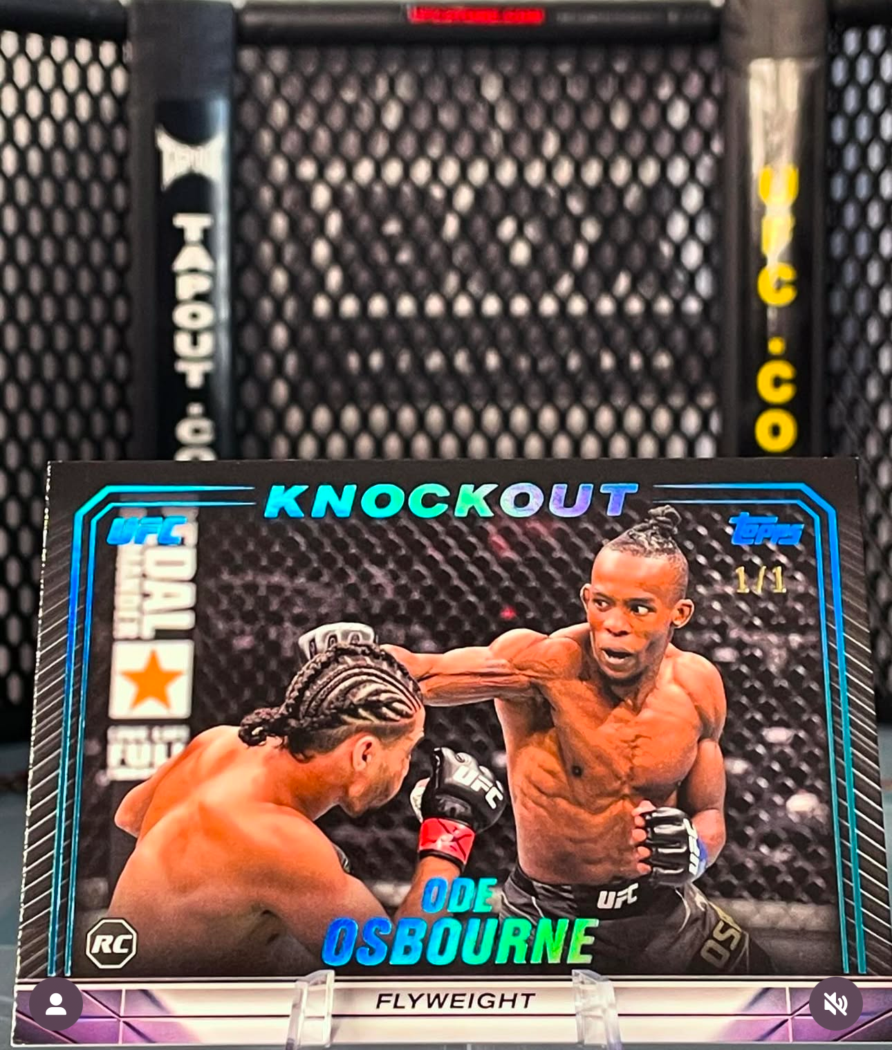 A UFC 'Knockout' trading card showing a flyweight fighter landing a punch during an intense match in the octagon.