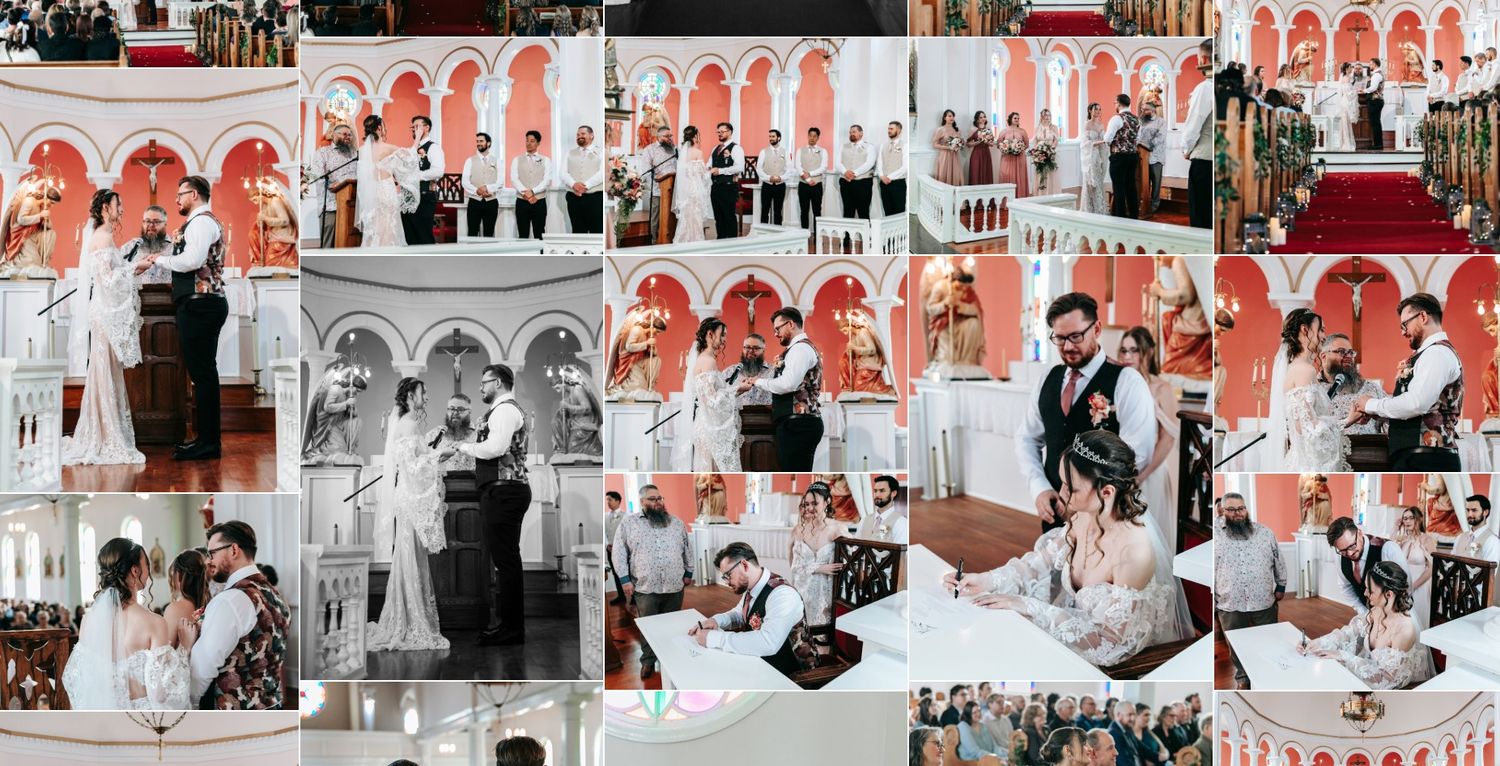 Orthodox church wedding ceremony collage with couple and guests in ornate red and white interior.