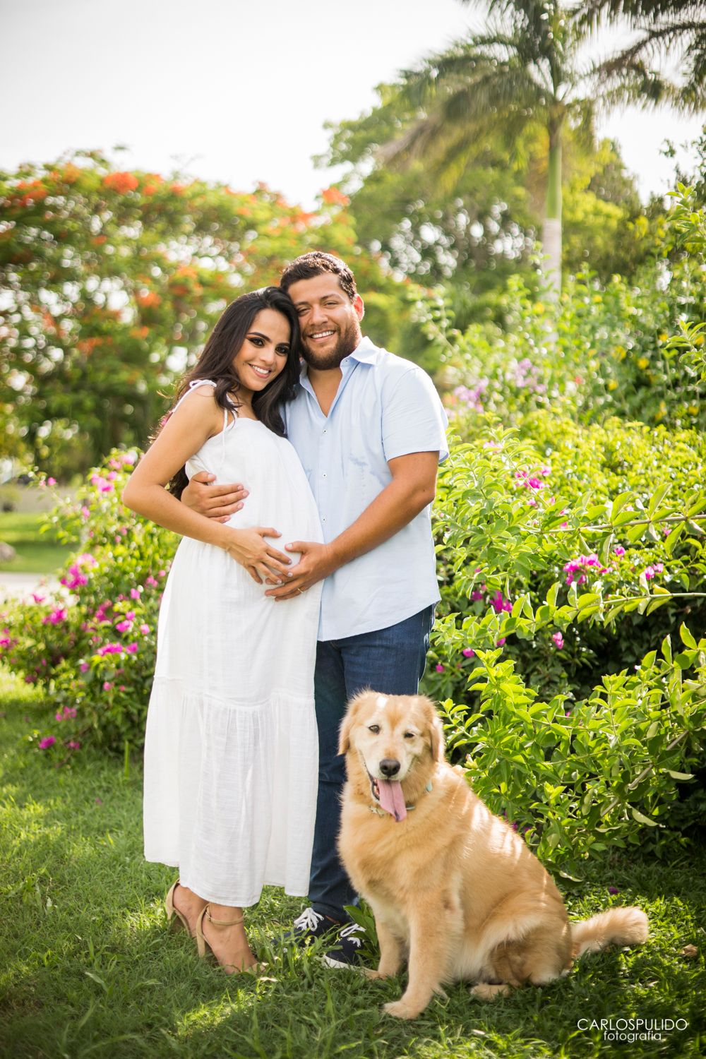 Expecting couple poses with their golden retriever in a flowering tropical garden.
