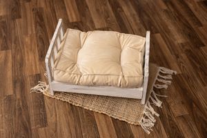 White wooden newborn bed with off white mattress