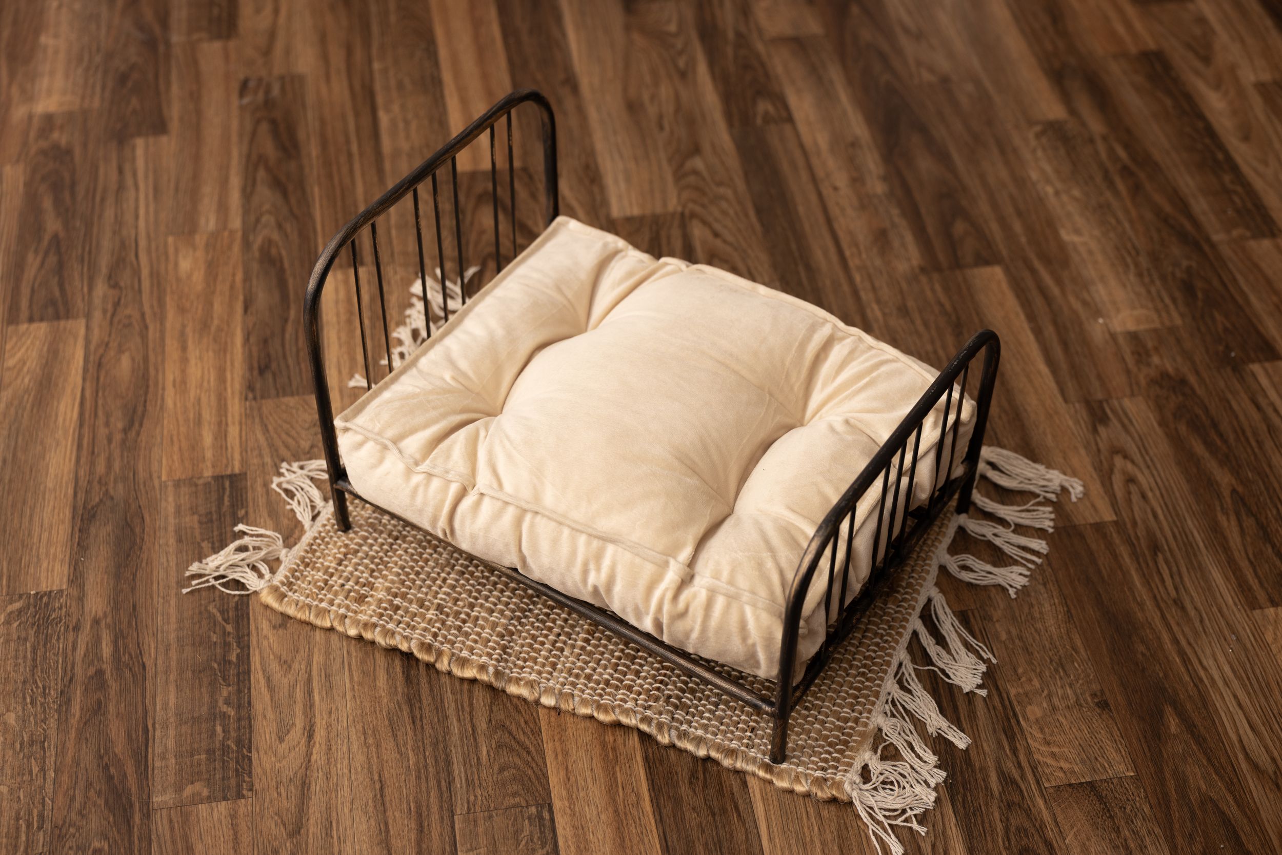 Black metal newborn prop with off white mattress