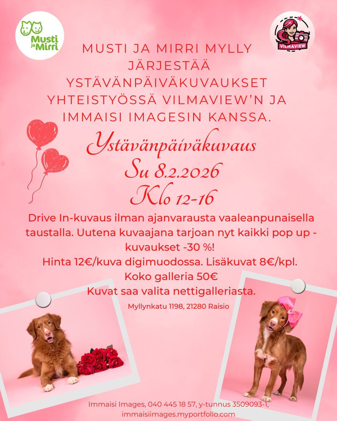 Pink Valentine's Day themed event banner with teddy bears and red hearts showing date and time details.