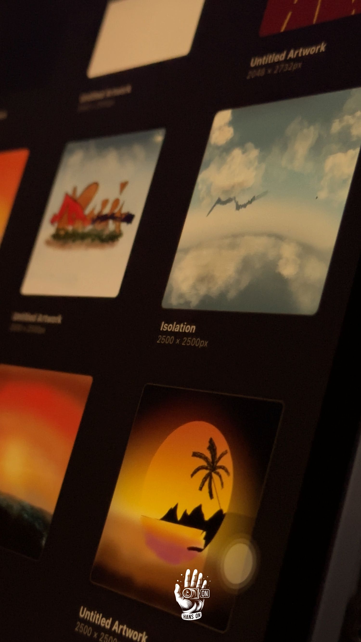 Collection of artistic sunset images displayed on digital screens.
