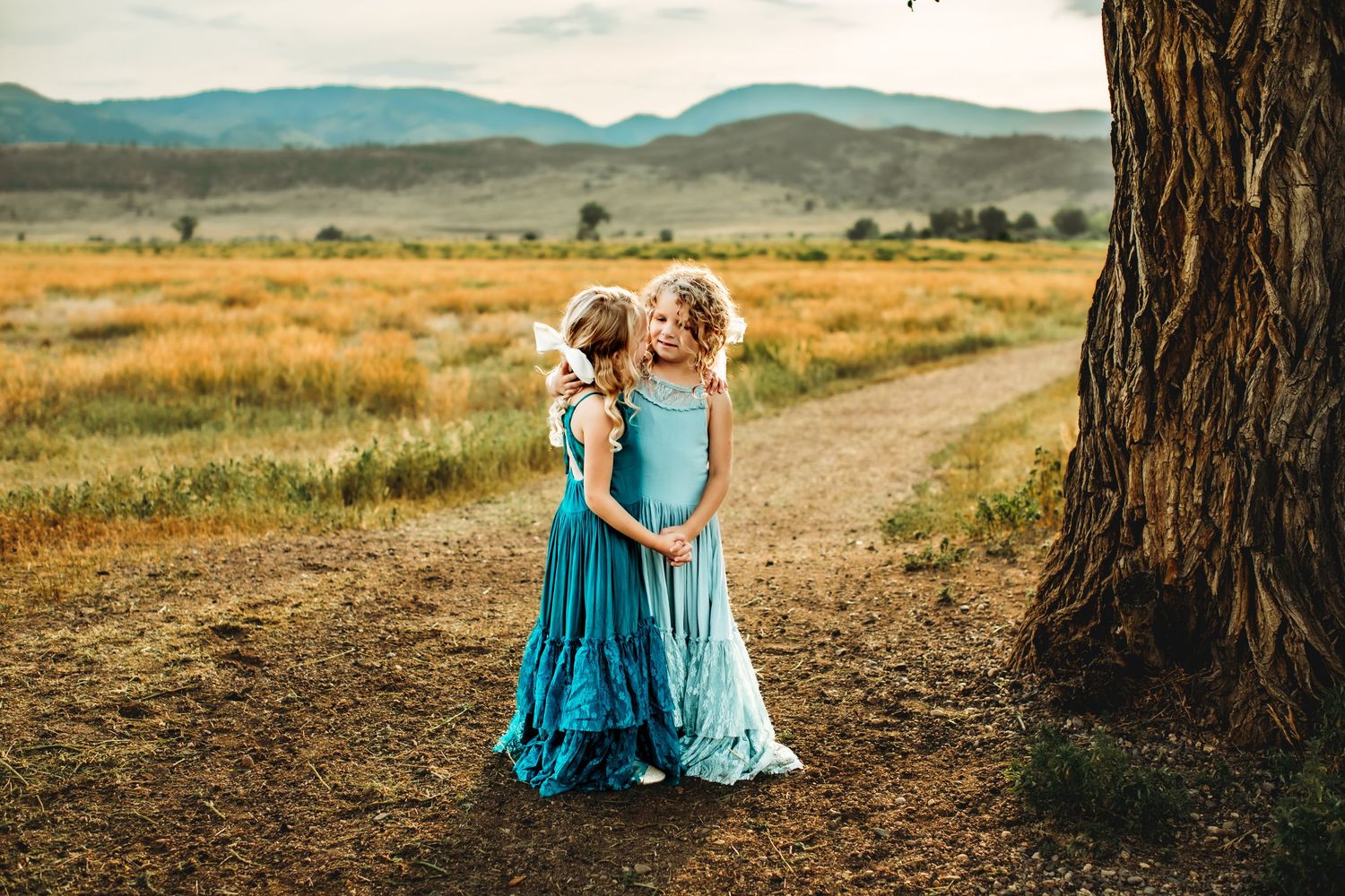Two figures in turquoise dresses sit beneath a large tree trunk in a golden field at sunset.