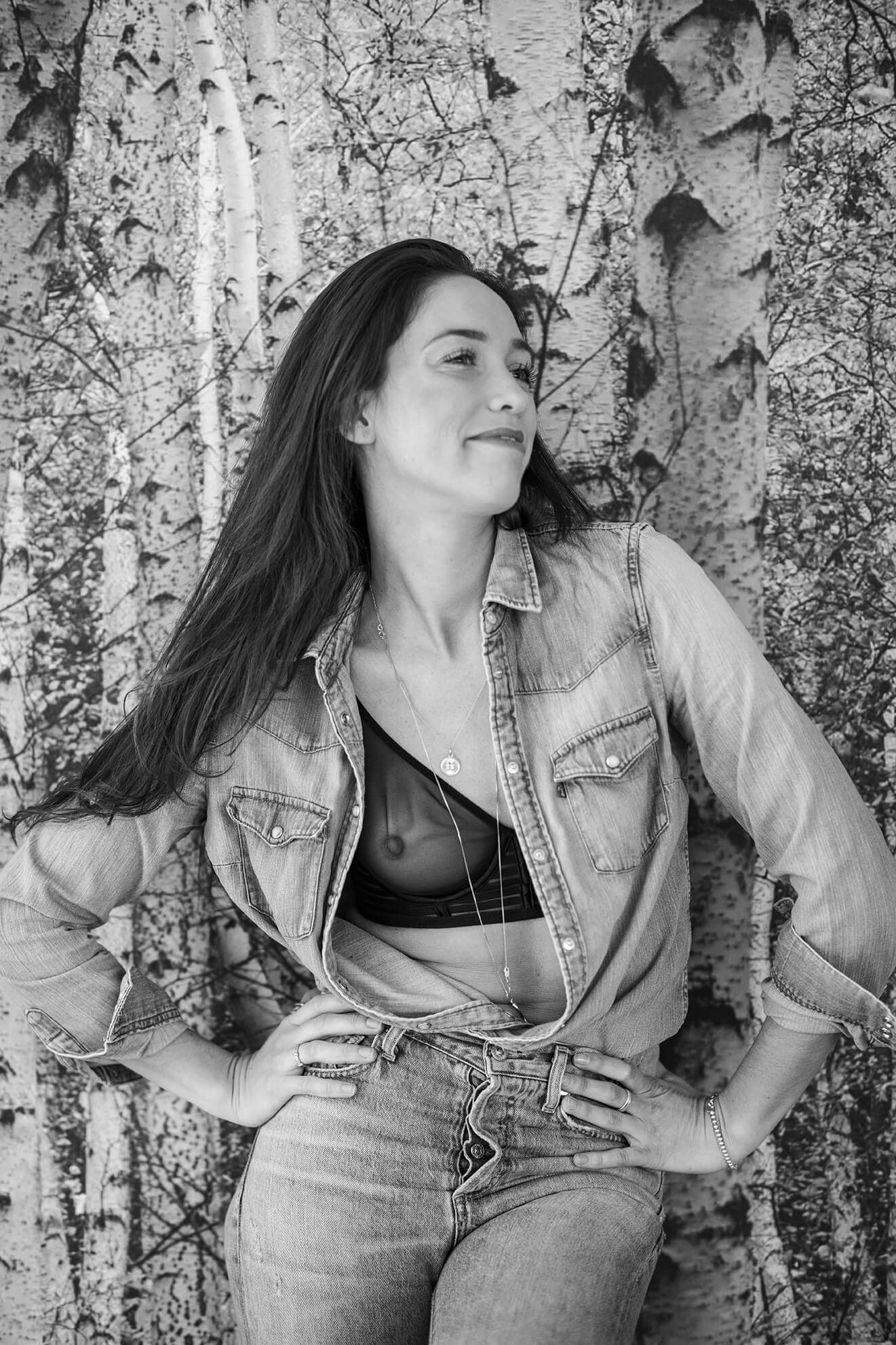 Black and white portraits against birch trees showing natural movement.