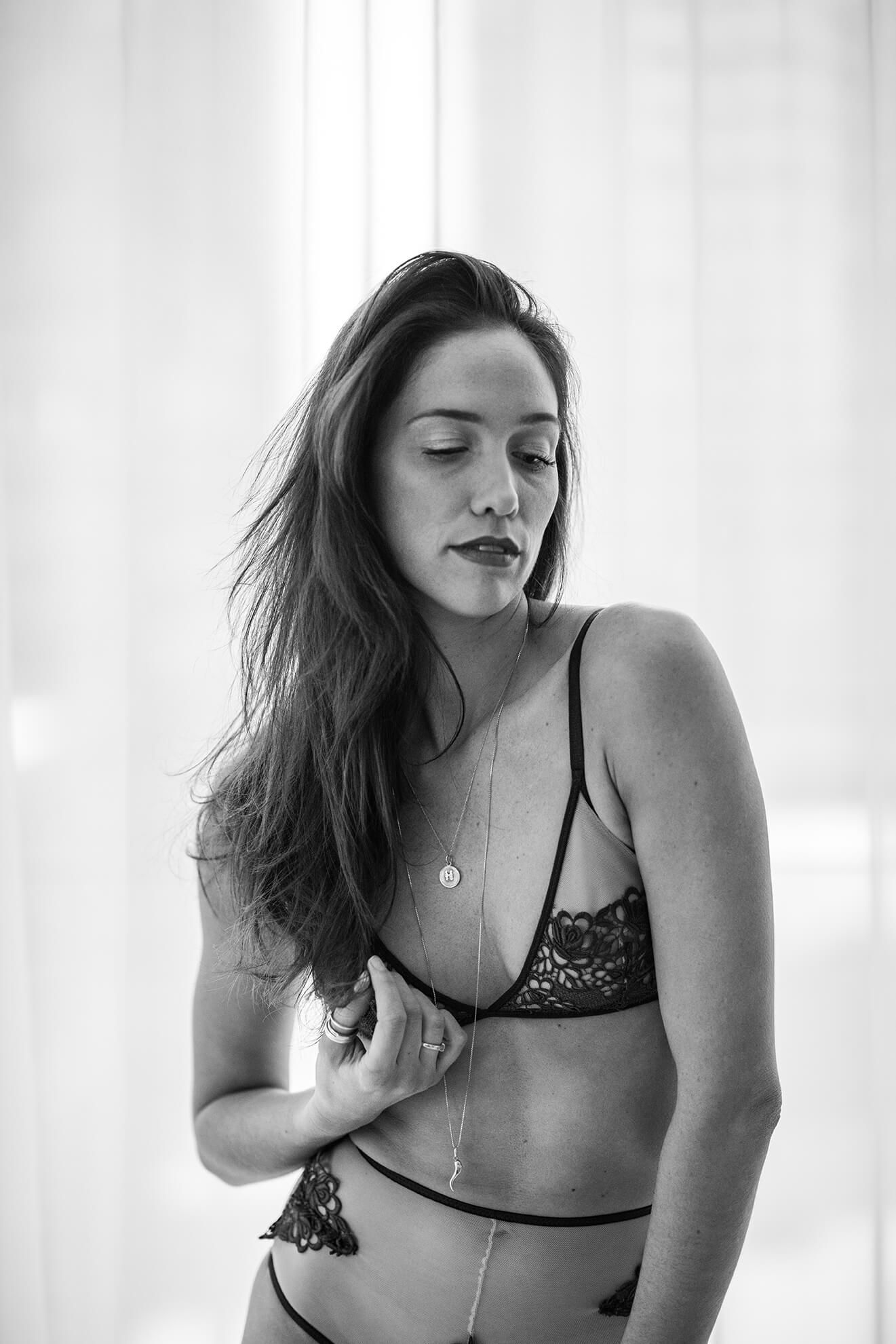 Black and white intimate portrait series with minimalist styling.