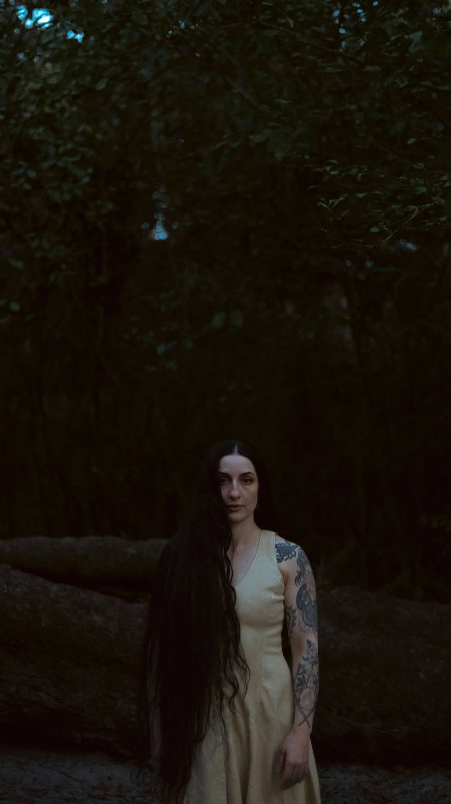 A figure in a pale yellow dress stands in a dark wooded setting with visible tattoos on their arm.