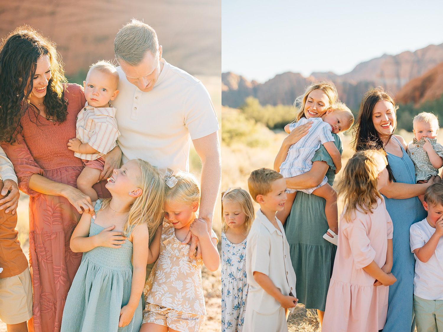 Family photo session in desert landscape with warm sunset lighting and coordinated blue and rust colored outfits.