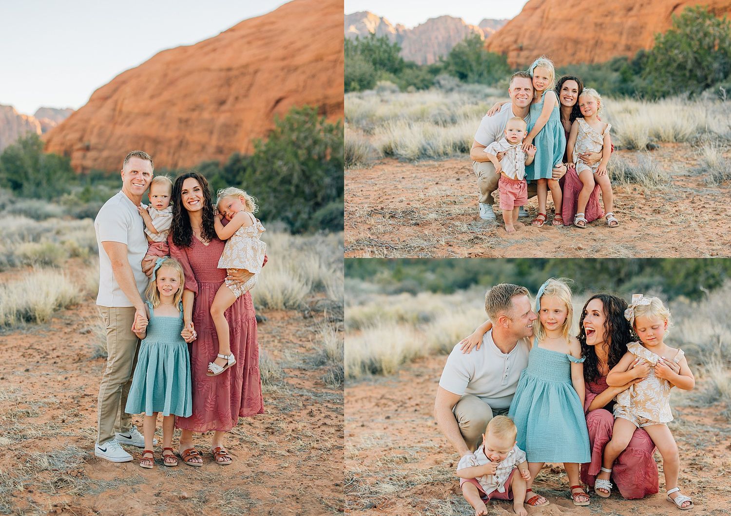 Family portrait session at sunset in the red rocks of Utah with desert landscape and coordinating outfits in teal and burgundy.