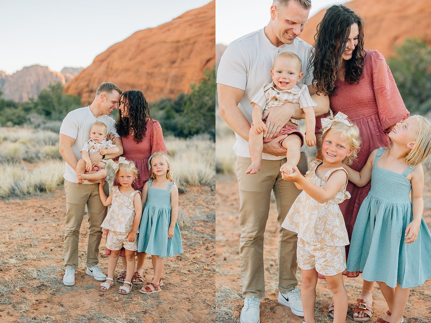 A family photo session captured against stunning red rock formations in a desert landscape at sunset.