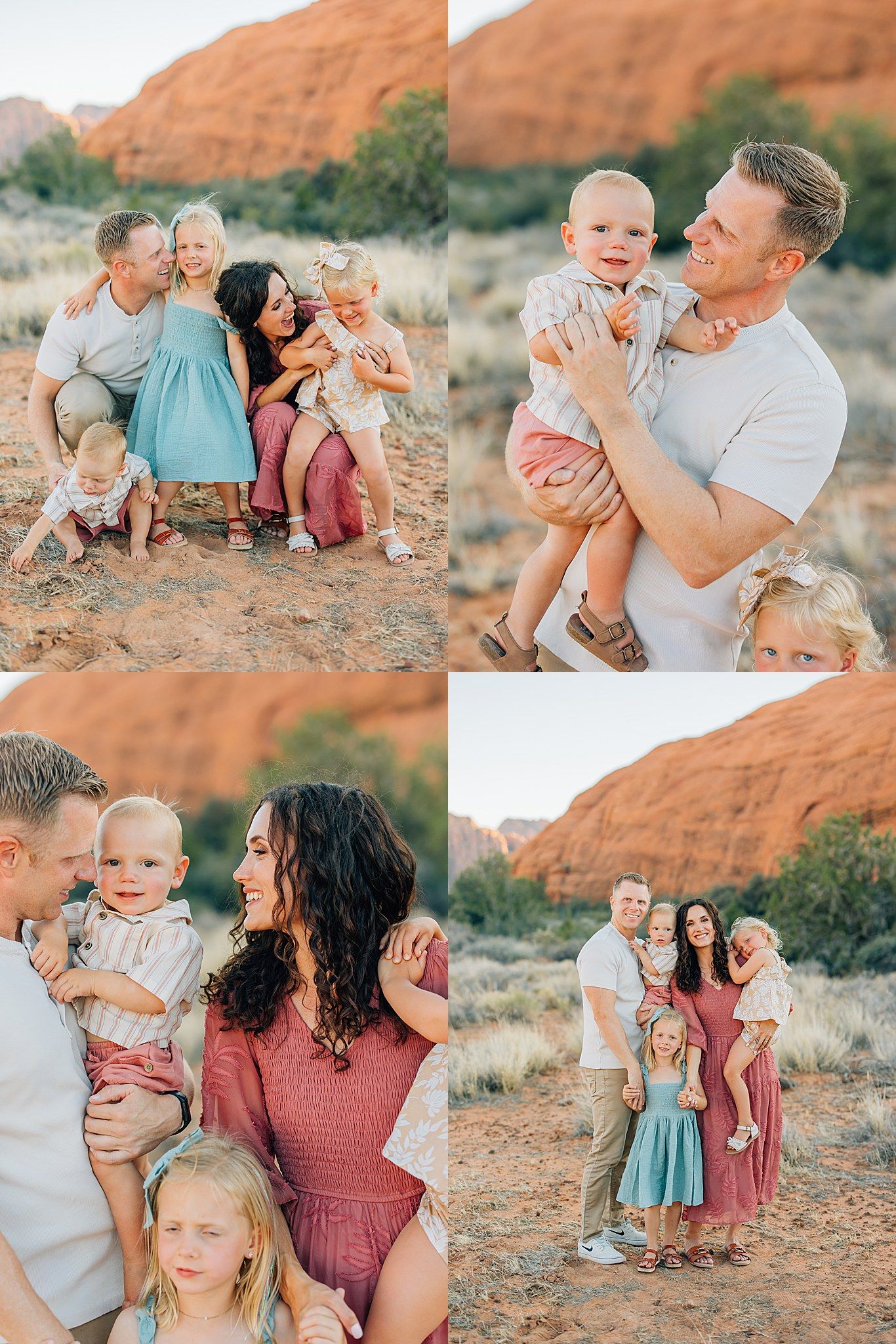 Candid family moments captured during sunset photoshoot in desert with red rock formations in background.