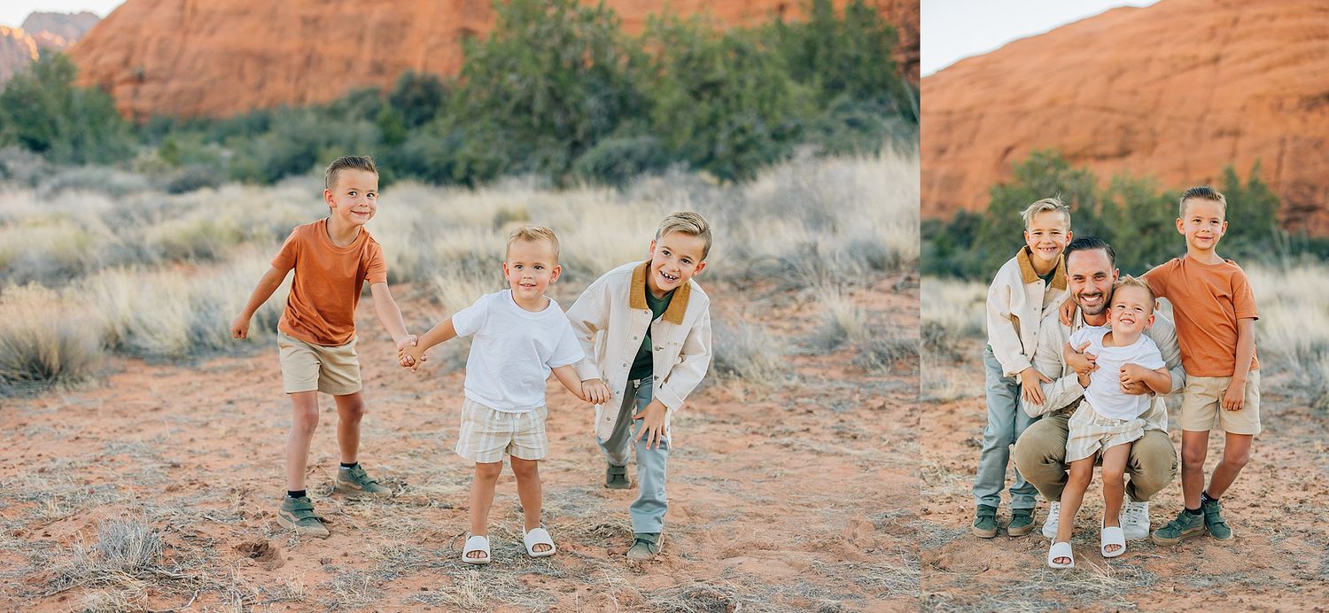 Family in matching outfits explores red rock desert landscape during sunset photoshoot session.