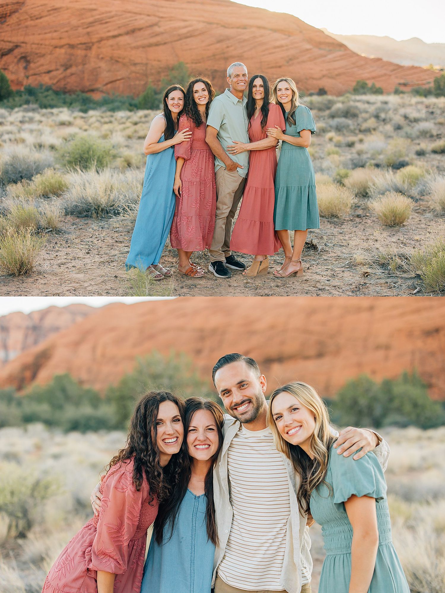 A group wearing coordinated blue and rust colored outfits poses together in a desert landscape with red rocks.
