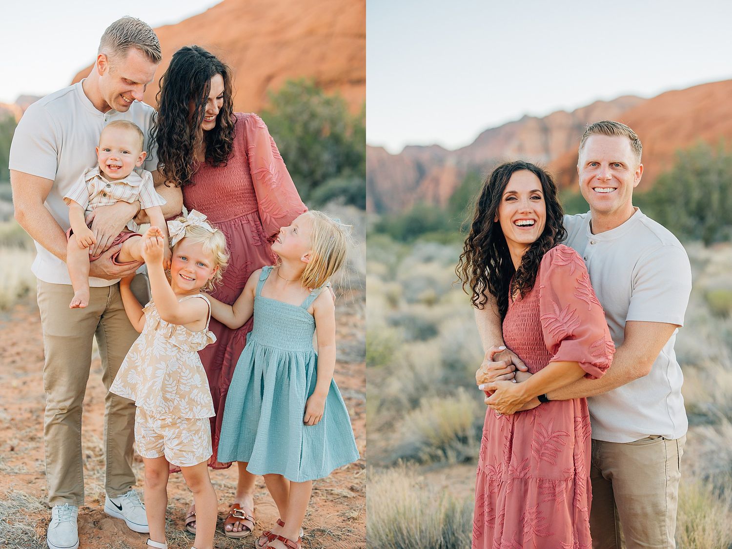 Family portrait in front of red rock formations wearing coordinated pink and blue outfits in desert landscape.