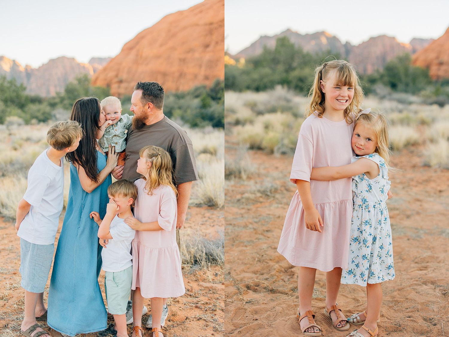 A family in coordinated pastel outfits poses together in a desert landscape during golden hour sunset.