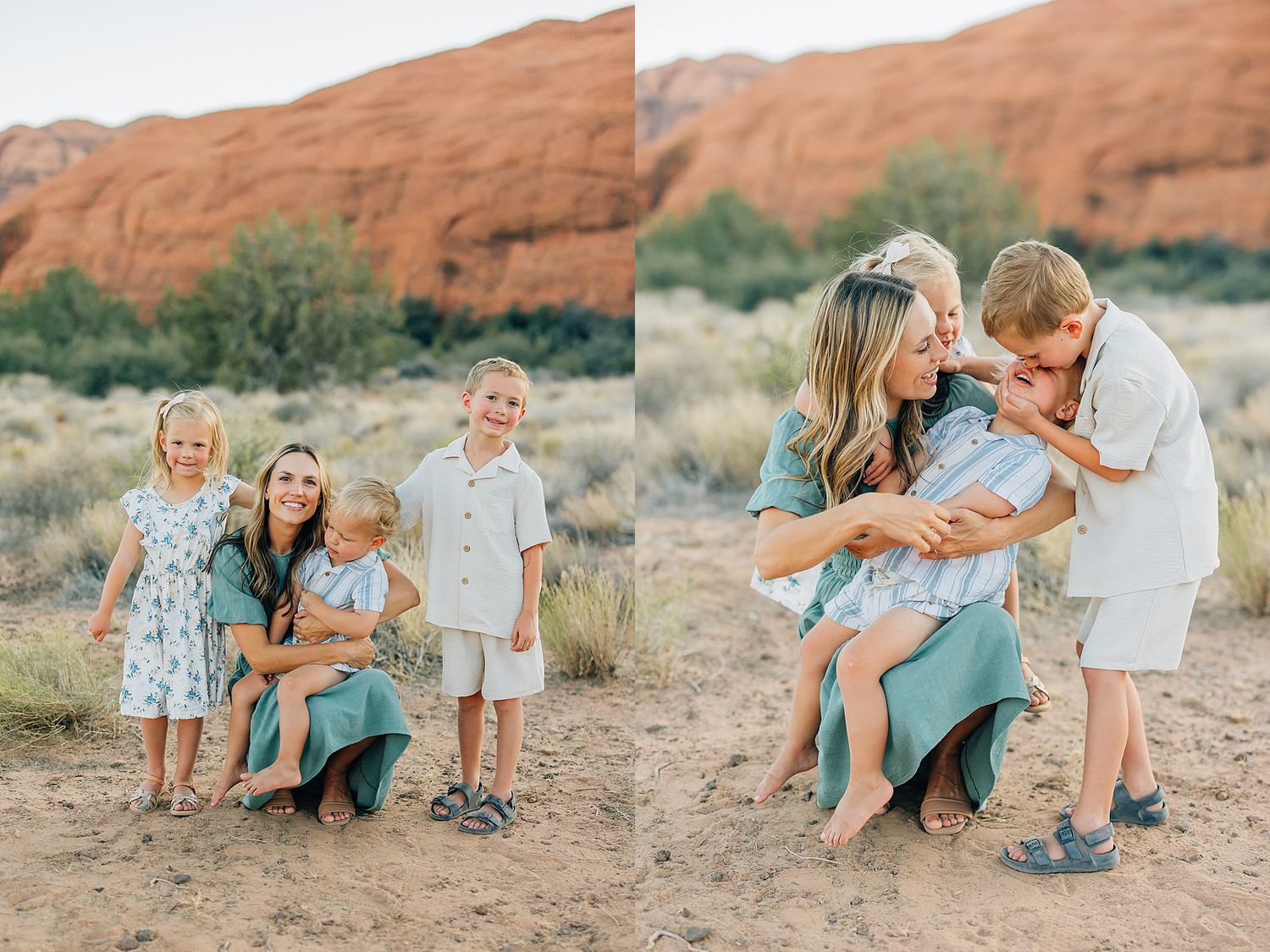 Candid family moments captured in a series of photos against desert rock formations.