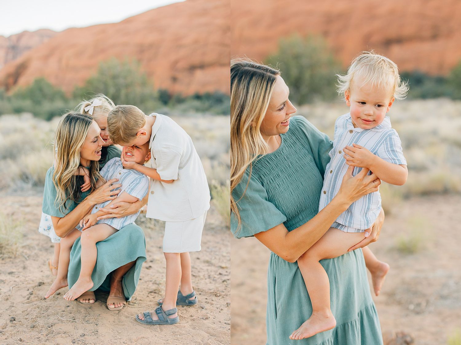 Family members share joyful moments together while posing in front of desert scenery during a photo session.