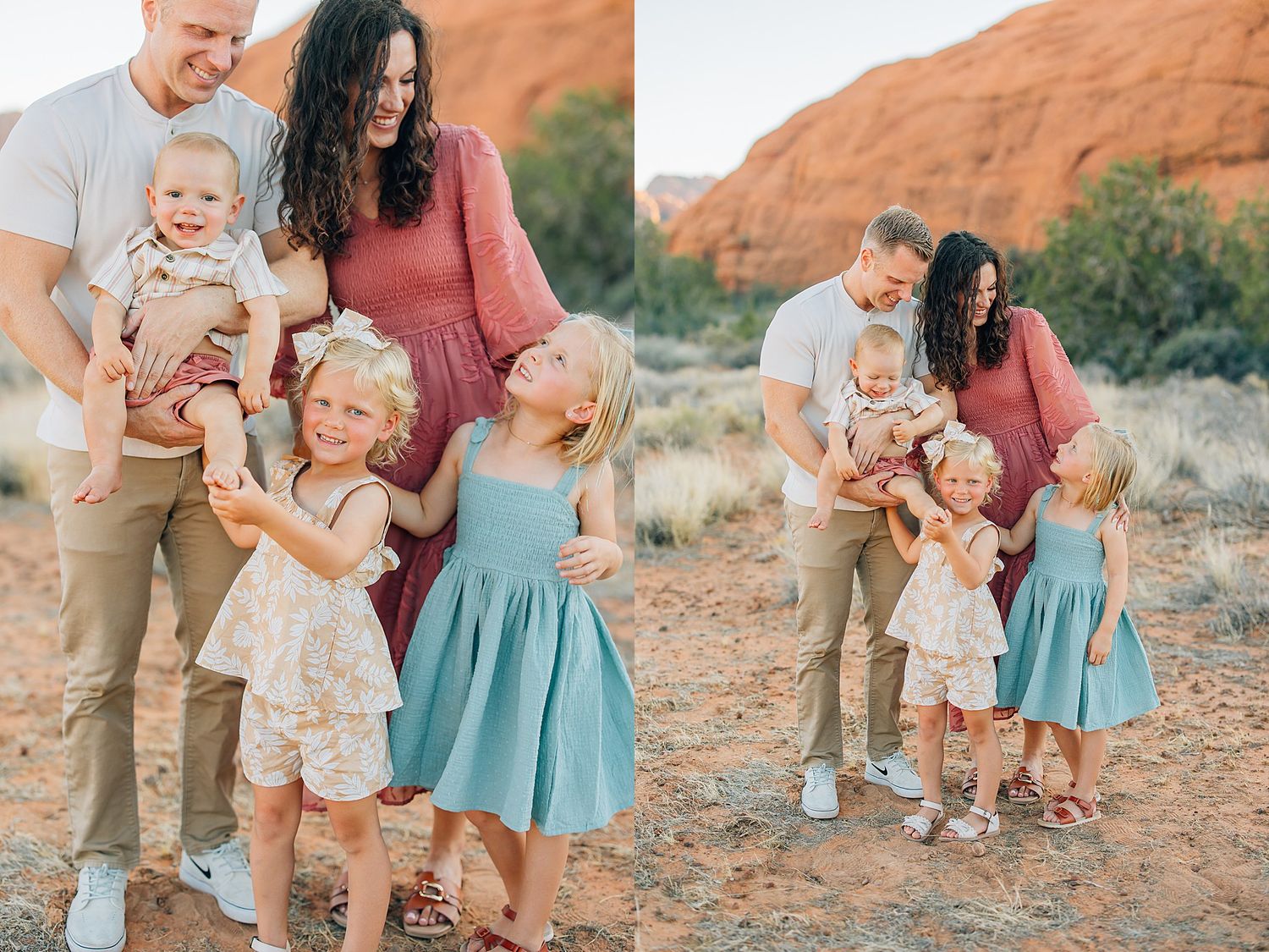 Candid family moments captured against desert backdrop with red rocks and desert brush.