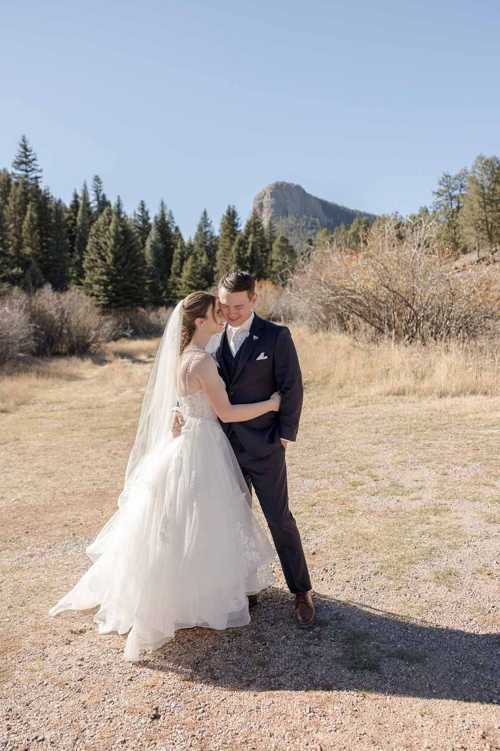 A romantic wedding couple embraces in a scenic mountain landscape with rugged terrain and evergreen trees.