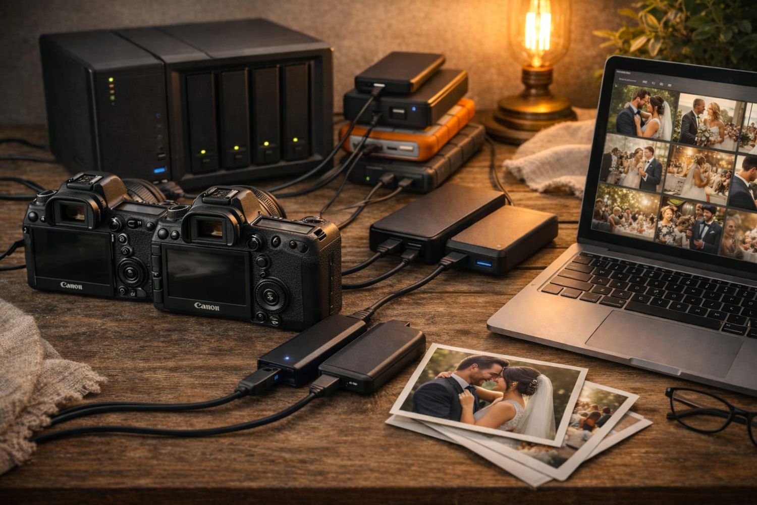 Vintage camera and photography equipment arranged on rustic wooden desk with warm lighting and scattered photographs.