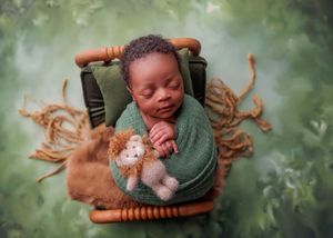 Newborn wrapped in green swaddle holding a knit lion toy in a wooden chair.