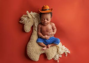 Newborn baby wearing a cowboy hat resting on a stuffed horse on red background.