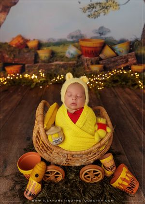 Swaddled newborn in yellow Winnie the Pooh bonnet holding honey jar in wicker basket.