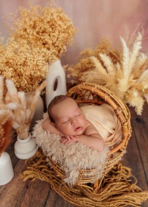 Peaceful newborn sleeping in wicker basket with fur lining surrounded by dried pampas grass.