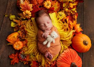 Sleeping newborn in orange wrap holding white bear surrounded by autumn leaves and pumpkins.