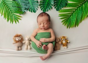 Sleeping newborn wrapped in green swaddle posed between lion and tiger toys under tropical leaves.