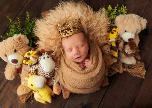Sleeping newborn wrapped in brown swaddle wearing a gold crown surrounded by stuffed animal toys.