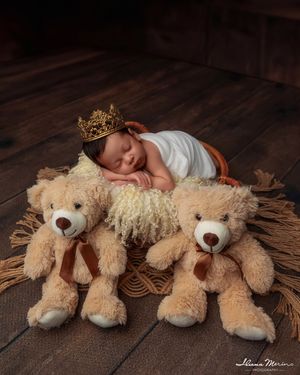 Sleeping newborn baby wearing gold crown resting in basket surrounded by two matching teddy bears.