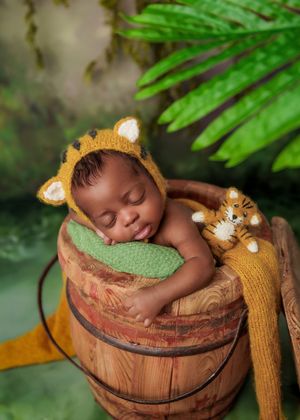 Newborn baby in golden lion hat resting in wooden barrel with tiger stuffed animal jungle setting.