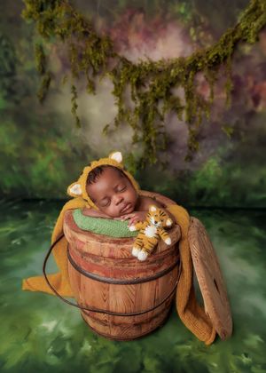 Dark-skinned newborn in lion bonnet sleeping in rustic wooden bucket with tiger toy jungle backdrop.