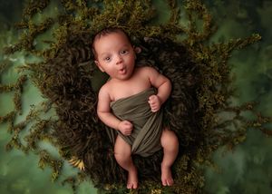 Alert newborn baby wrapped in olive green cloth lying in a mossy green nest.