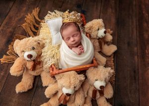 Newborn baby in white swaddle wearing gold crown in wooden bed surrounded by teddy bears on wood floor.