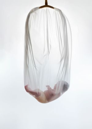 Newborn baby sleeping peacefully inside a suspended white sheer fabric hammock.