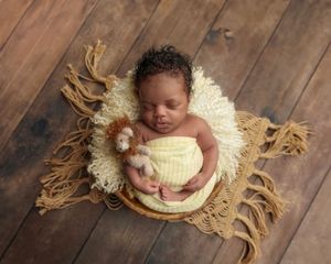 Sleeping newborn wrapped in yellow, holding a small toy lion in a basket.