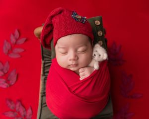 Sleeping newborn in red swaddle and knit hat holding a tiny teddy bear.