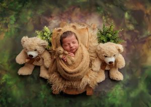 Newborn baby wrapped in brown swaddle sleeping between two teddy bears in a nature-themed photo.