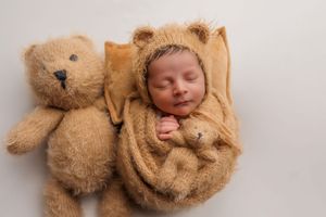 Newborn baby wrapped in brown knit blanket sleeping beside a large teddy bear holding a small bear.