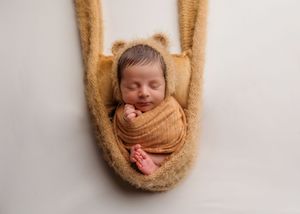 Sleeping newborn wrapped in brown swaddle with bear ear bonnet nestled in a fuzzy brown pod.