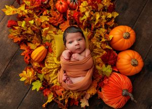 Newborn baby wrapped in orange swaddle lying among autumn leaves and pumpkins on a rustic wooden floor fall theme.