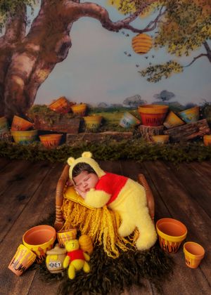 Newborn baby dressed as Winnie the Pooh sleeping in a wicker basket surrounded by honey pots with storybook backdrop.
