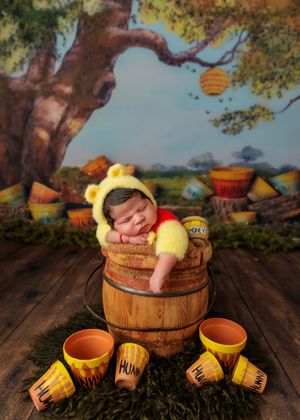 Sleeping newborn dressed in Winnie the Pooh costume curled inside a wooden barrel surrounded by honey pots outdoors backdrop.