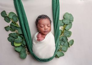 Swaddled newborn baby resting in a green fabric hammock with eucalyptus leaves.