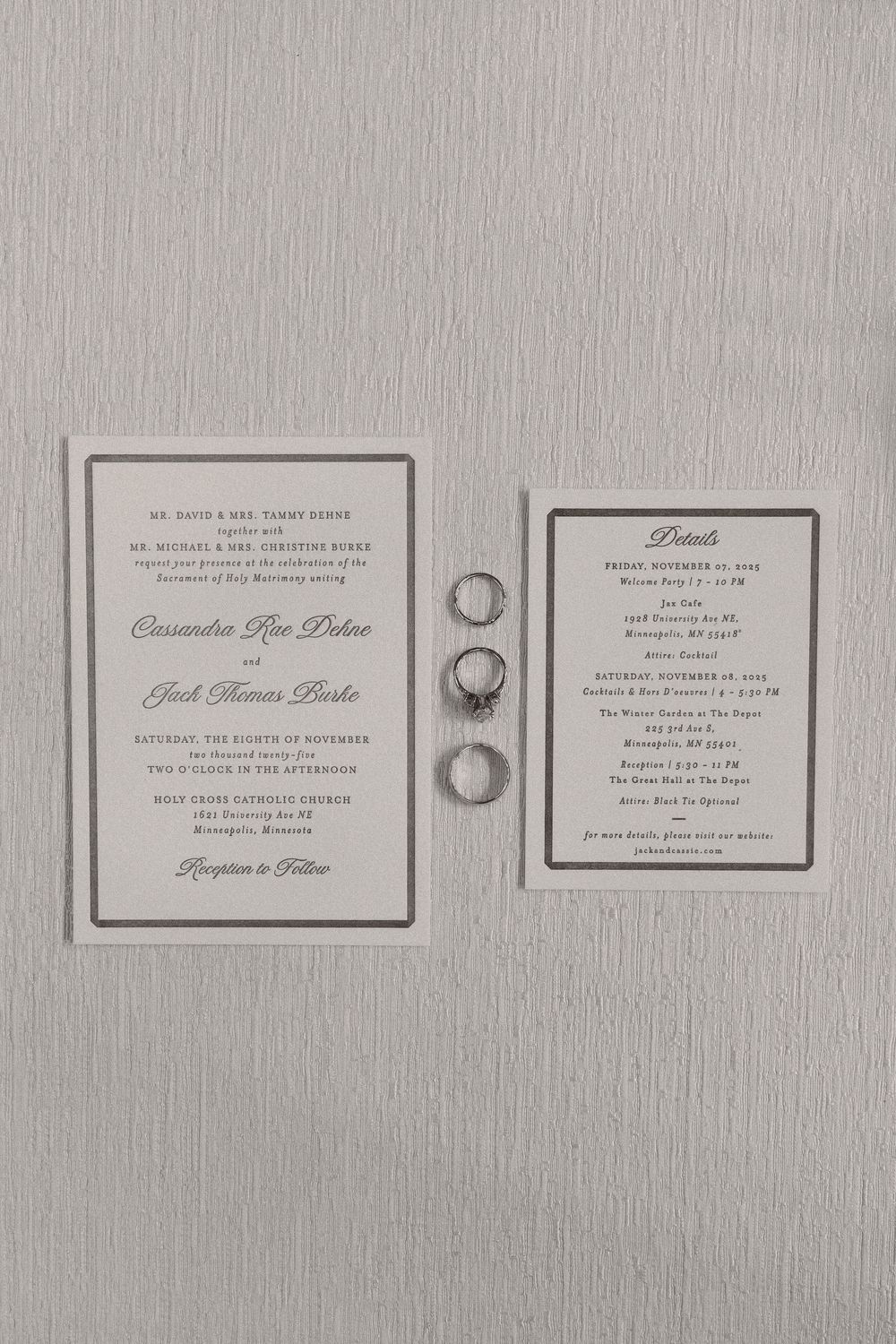 A series of elegant wedding invitations and cards arranged on a light gray textured background with minimalist design elements.