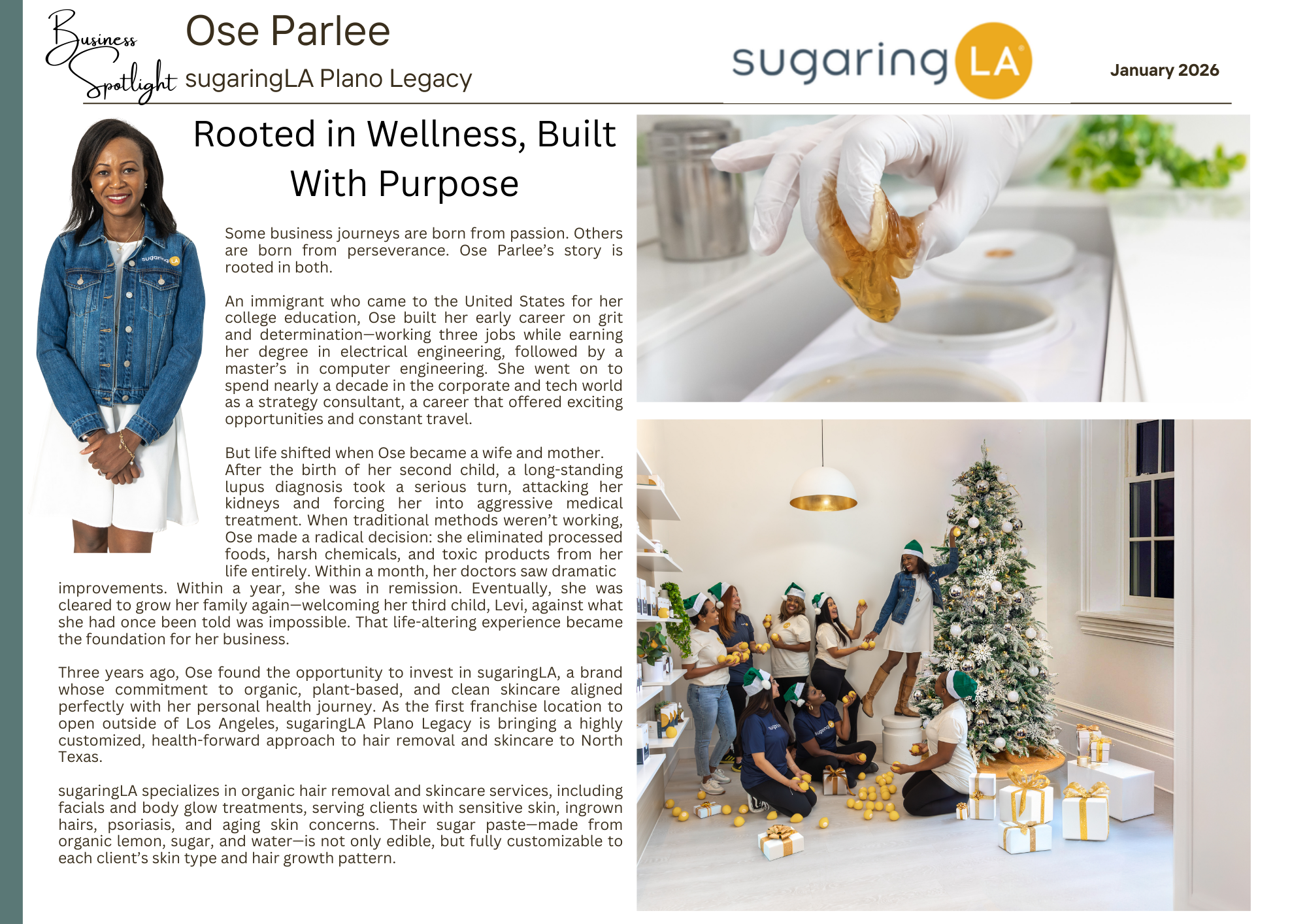 Magazine article layout showing sugaringLA interior with teal accents and before-after hair transformation photos.